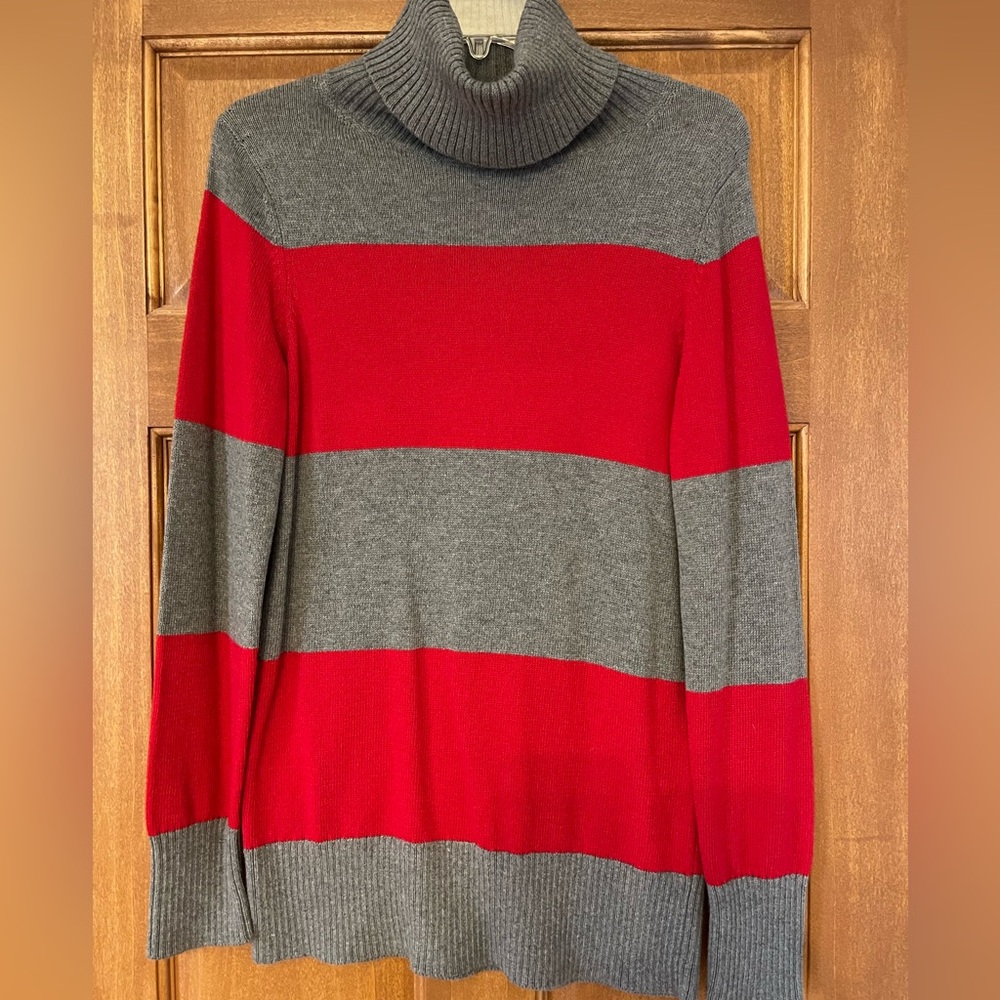 Lands End Women's Red and Gray Striped Sweater